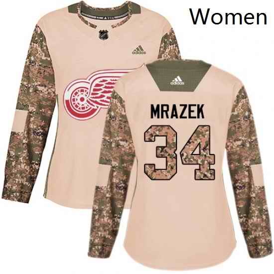 Womens Adidas Detroit Red Wings 34 Petr Mrazek Authentic Camo Veterans Day Practice NHL Jersey